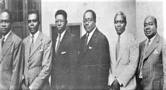 The Big Six, from left: Dr Kwame Nkrumah, Emmanuel Obetsebi-Lamptey, Ebenezer Ako-Adjei, William Ofori Atta, Dr J. B. Danquah, and Edward Akufo-Addo